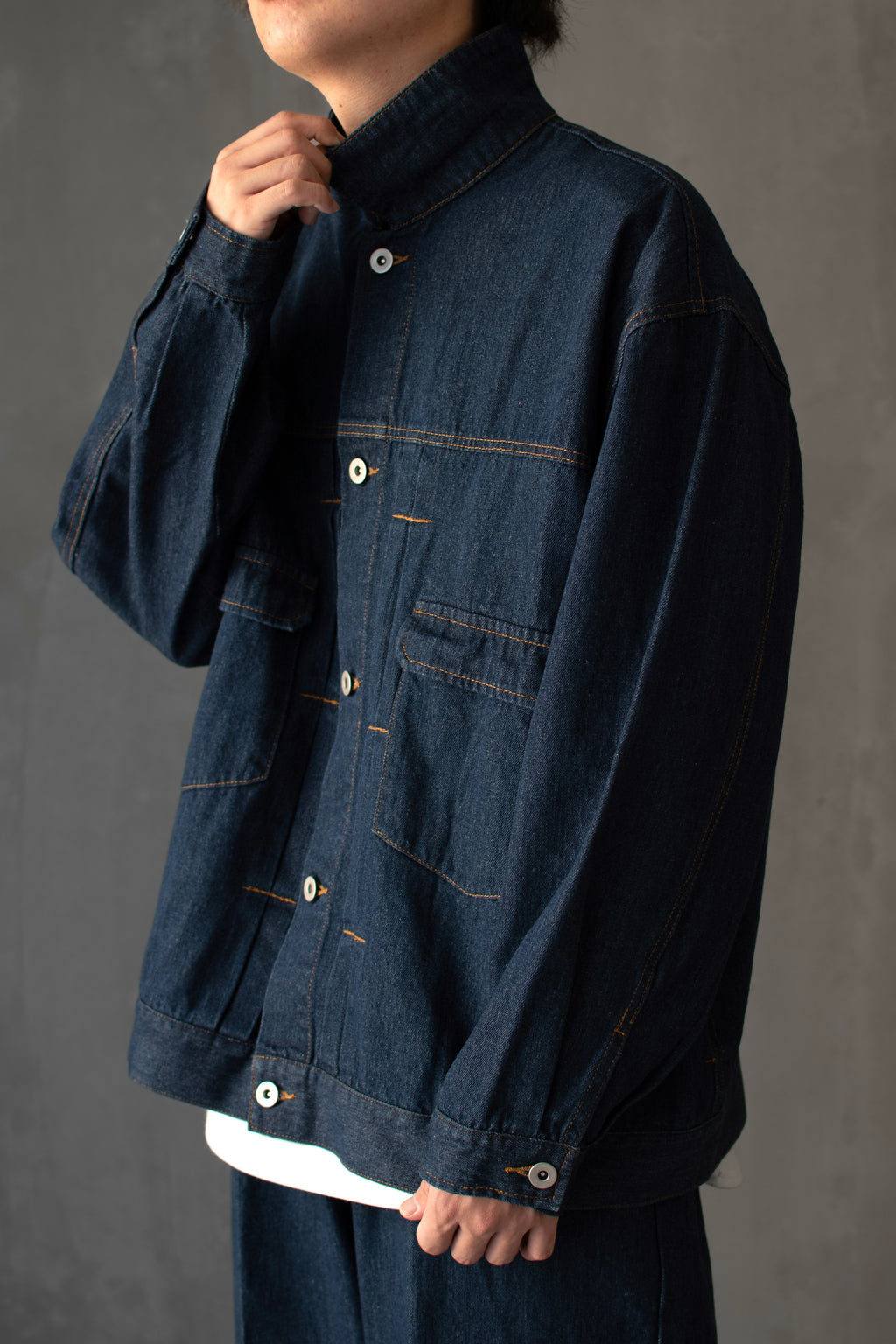 STAND NECK WIDE DENIM JACKET – kiri.mens